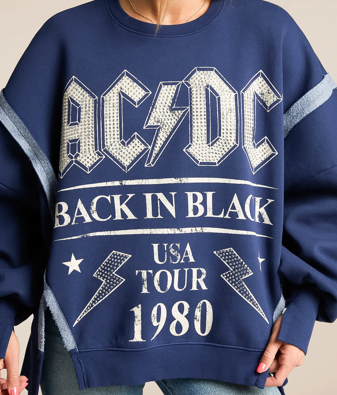 Goodie Two Sleeves AC/DC Rhinestone Band Pullover Navy