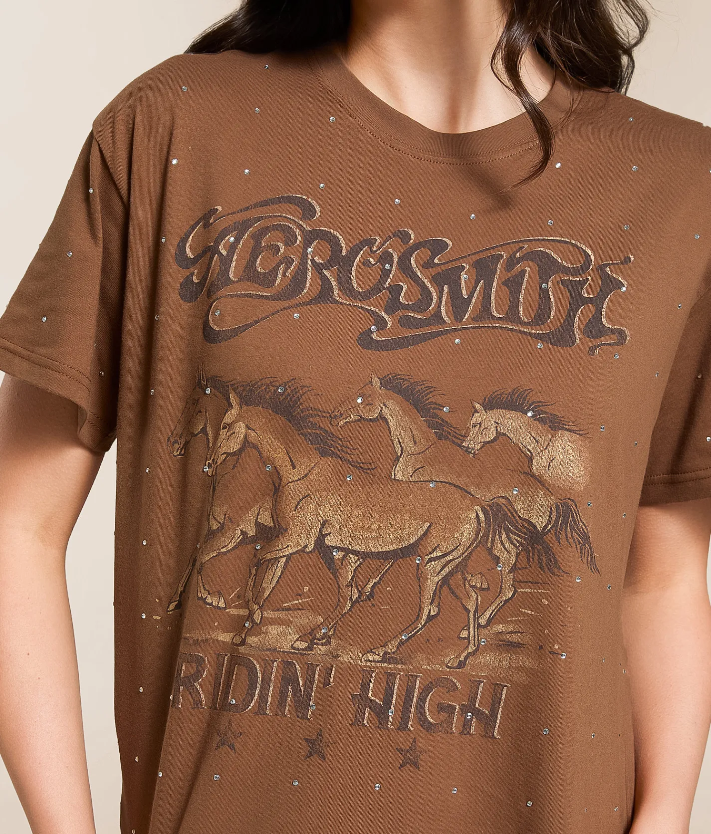 Tops | Goodie Two Sleeves Aerosmith Rhinestone Band T-Shirt Brown
