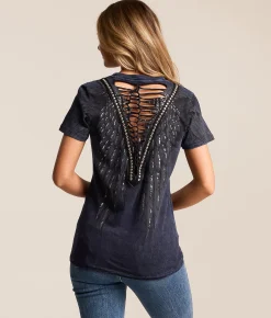 Tops | Affliction Age of Winter Lace-Up T-Shirt Blue Black Lava Tint