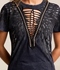 Tops | Affliction Age of Winter Lace-Up T-Shirt Blue Black Lava Tint