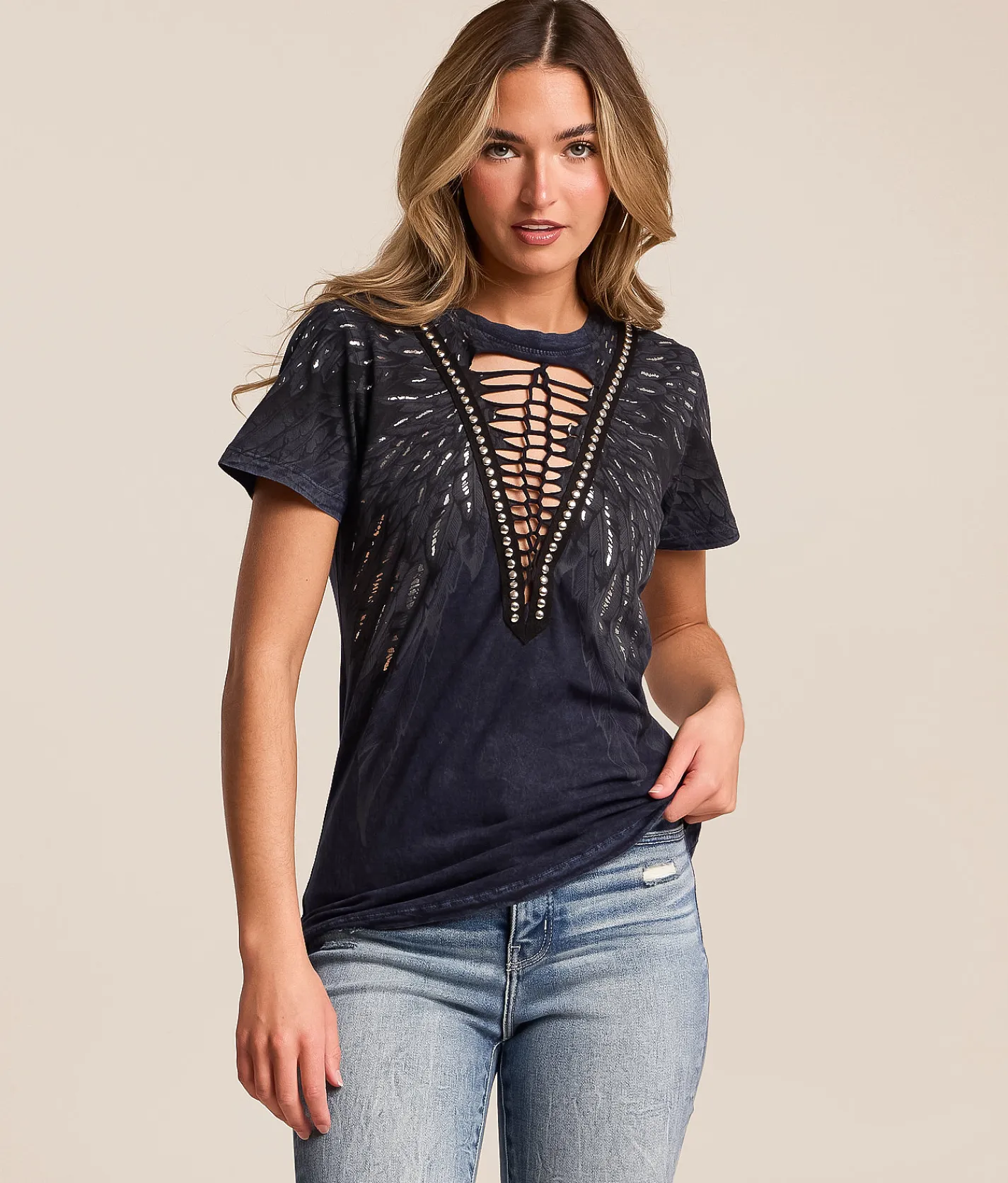 Tops | Affliction Age of Winter Lace-Up T-Shirt Blue Black Lava Tint