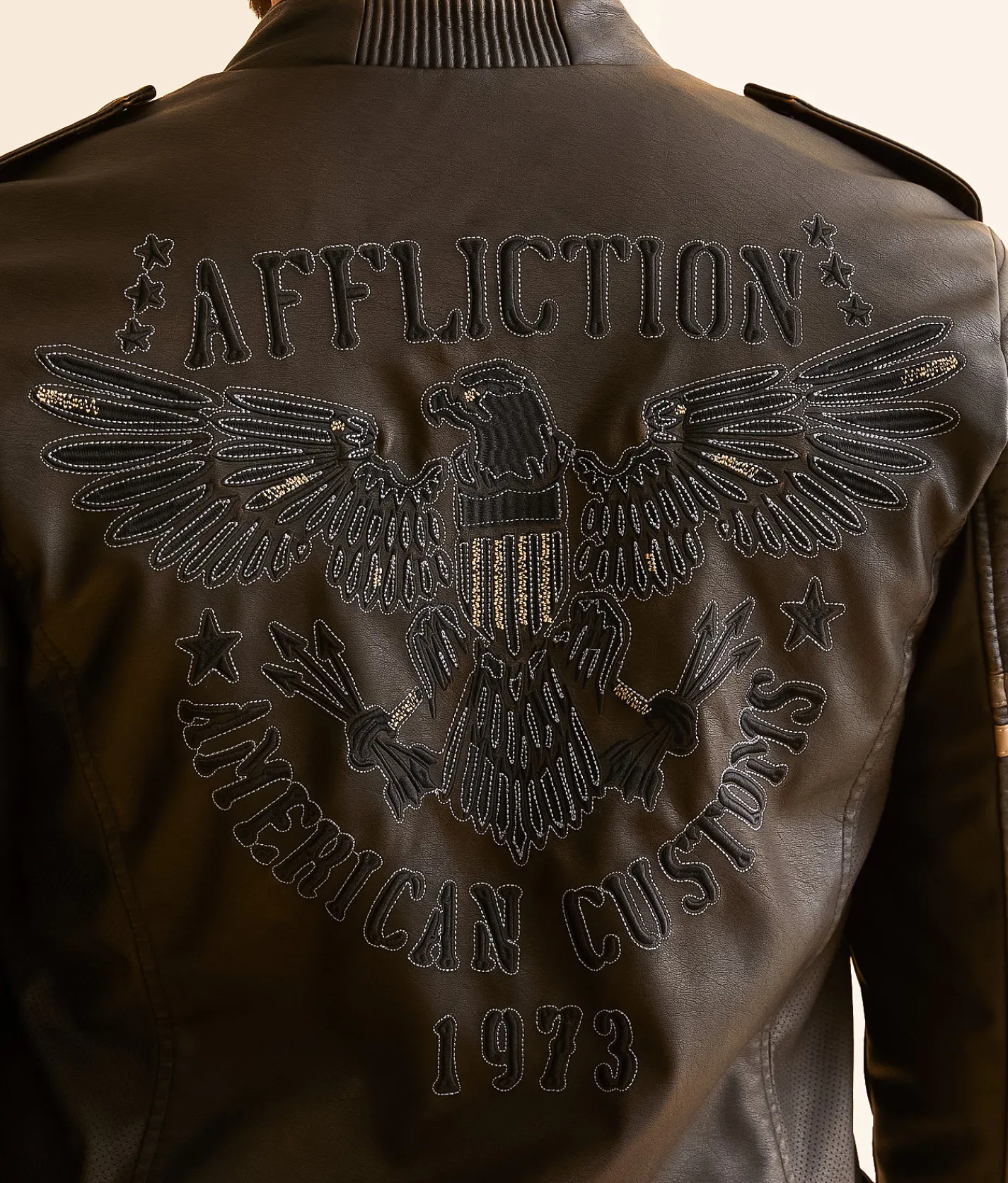 Affliction American Customs Distressed Faux Leather Jacket Dk Brown Best