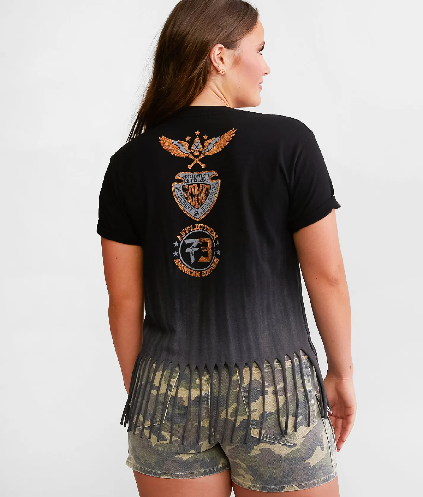 Tops | Affliction American Customs Grease Stain Fringe T-Shirt Black