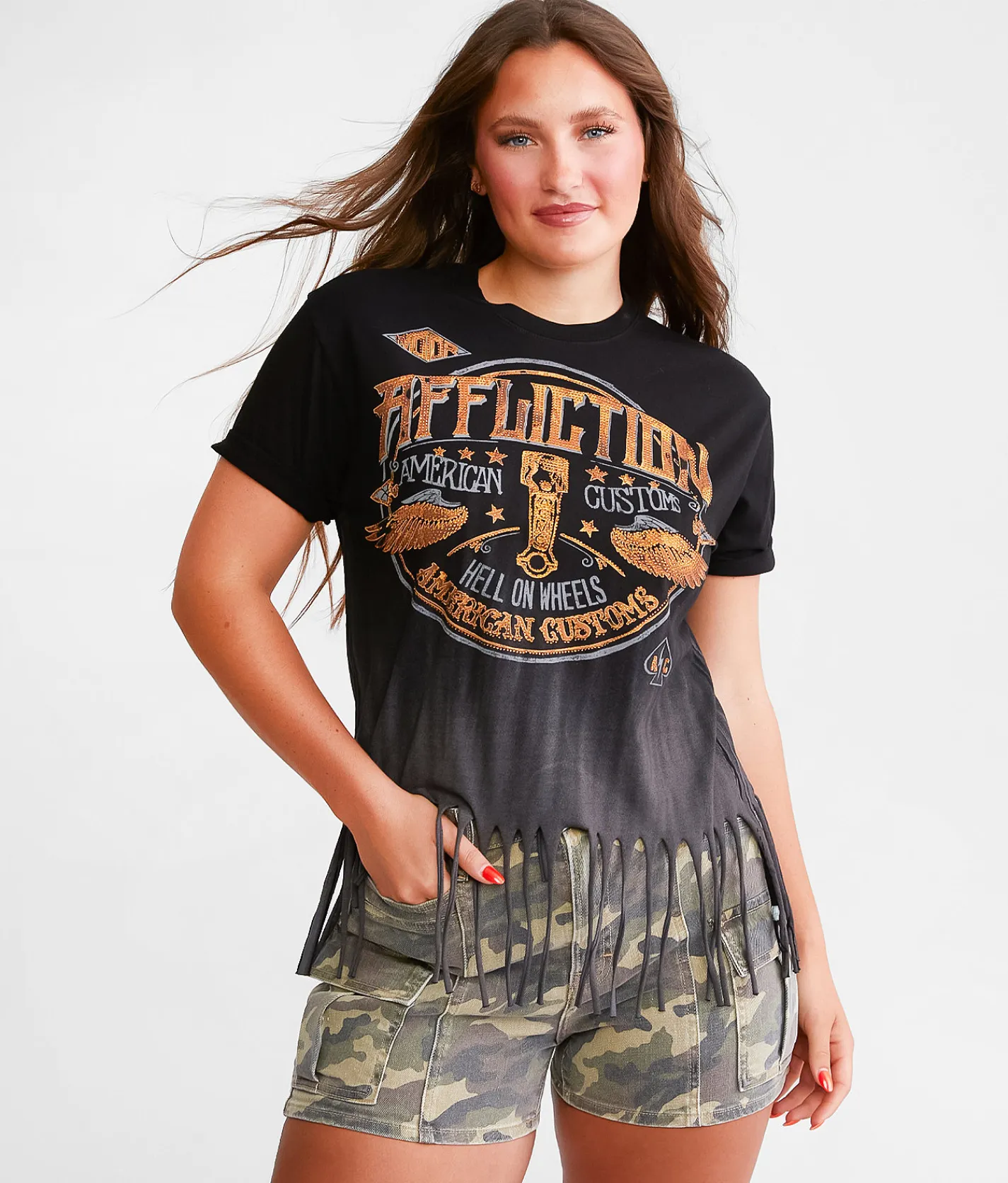 Tops | Affliction American Customs Grease Stain Fringe T-Shirt Black