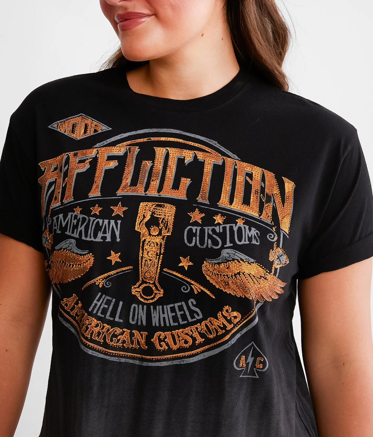 Tops | Affliction American Customs Grease Stain Fringe T-Shirt Black