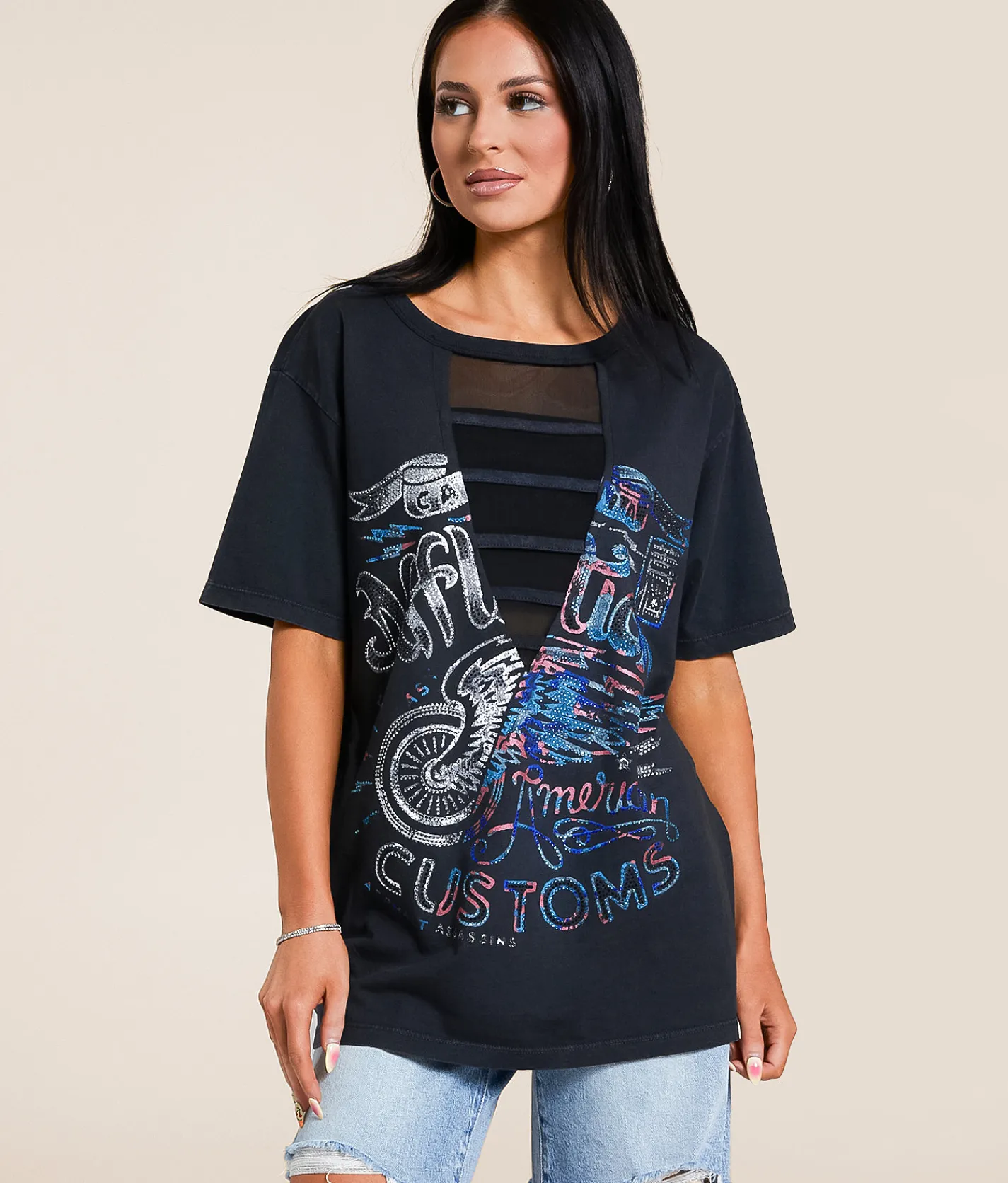 Tops | Affliction American Customs No Luck Motors Oversized T-Shirt Black Lava Wash