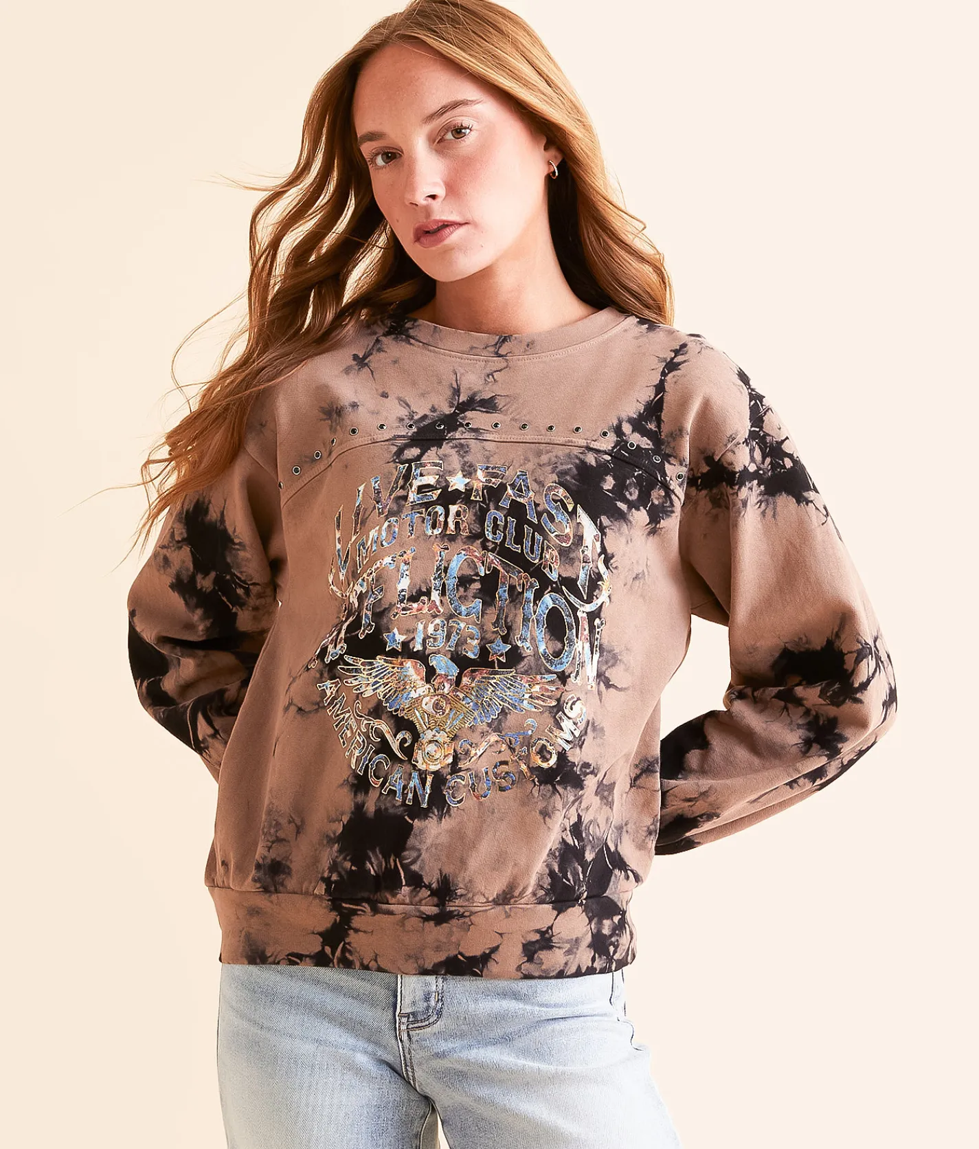 Tops | Affliction American Customs Rusted Badge Pullover CAFE AU LAIT BLACK WASH