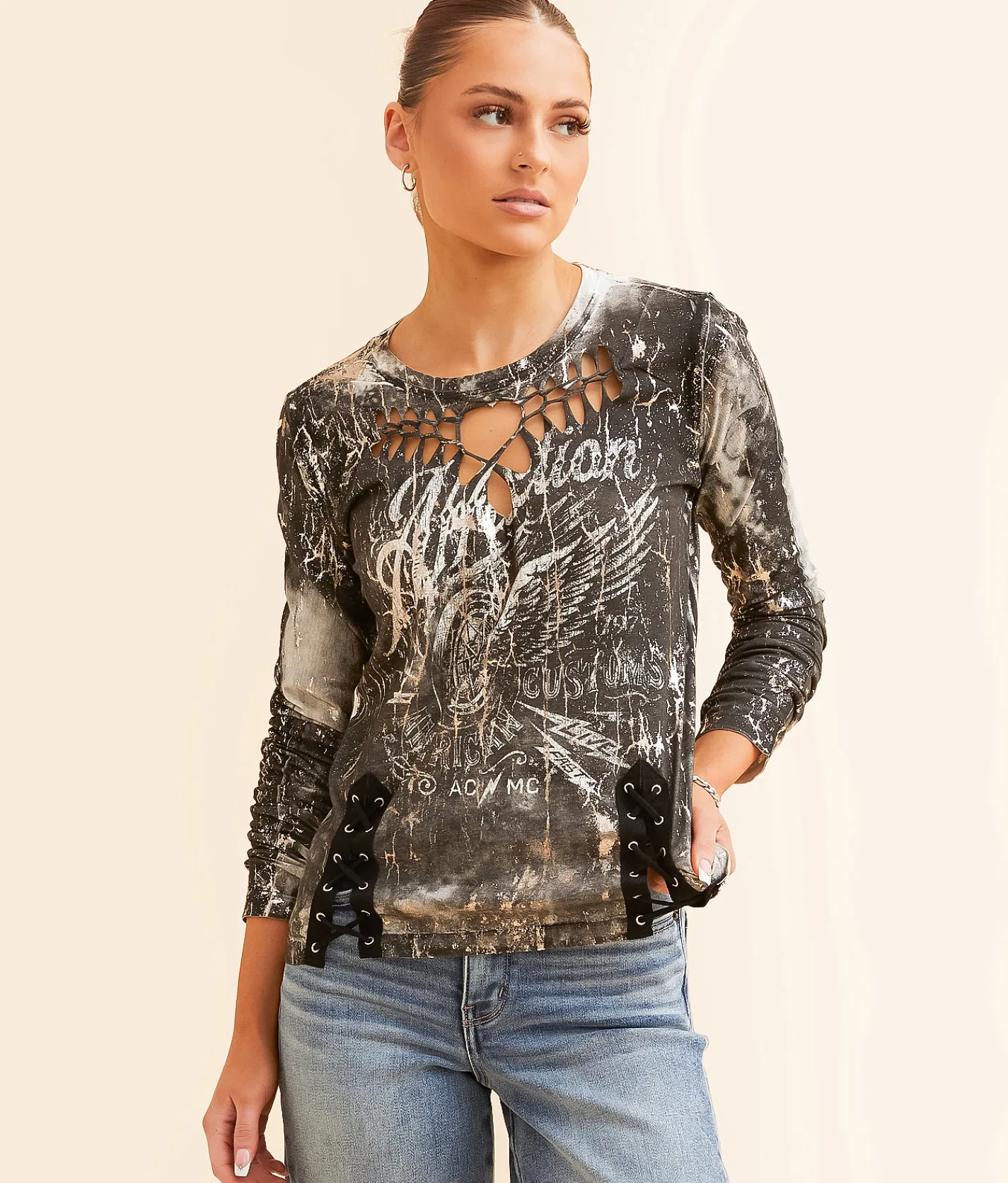 Tops | Affliction American Customs Wheel Wing T-Shirt Dirty White Reactive