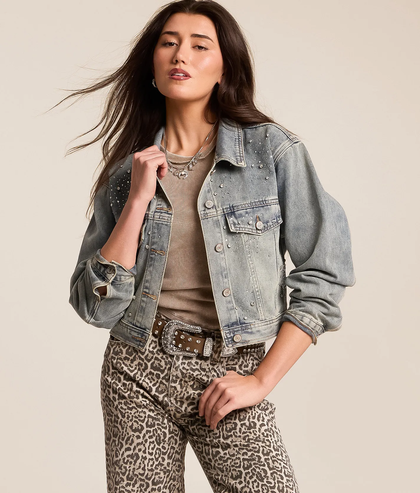 Azalea Wang Arendelle Rhinestone Denim Jacket Medium Wash New