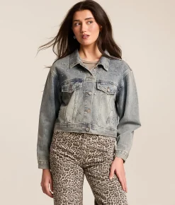 Azalea Wang Arendelle Rhinestone Denim Jacket Medium Wash New