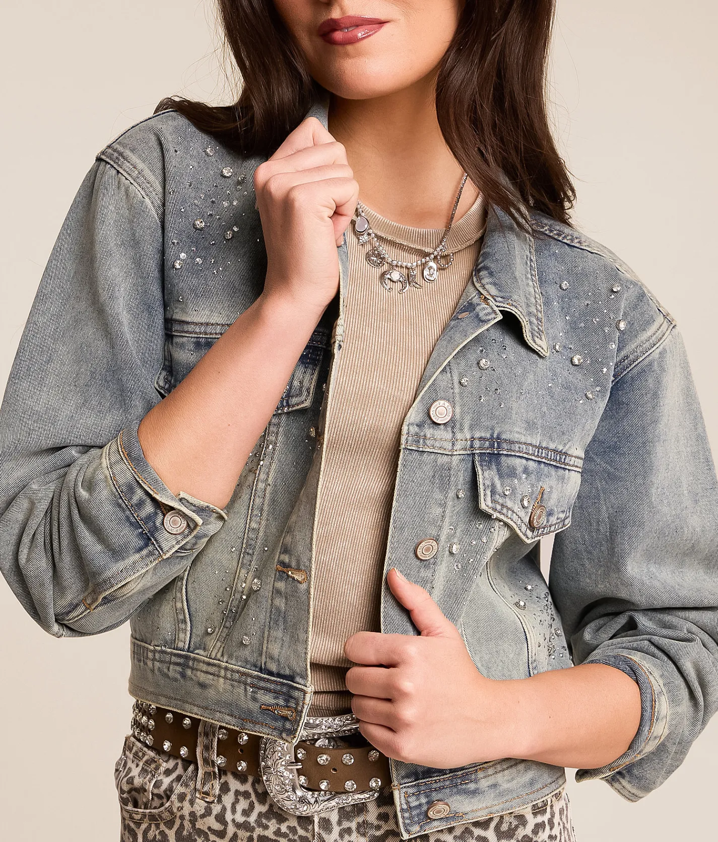 Azalea Wang Arendelle Rhinestone Denim Jacket Medium Wash New