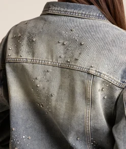 Azalea Wang Arendelle Rhinestone Denim Jacket Medium Wash New