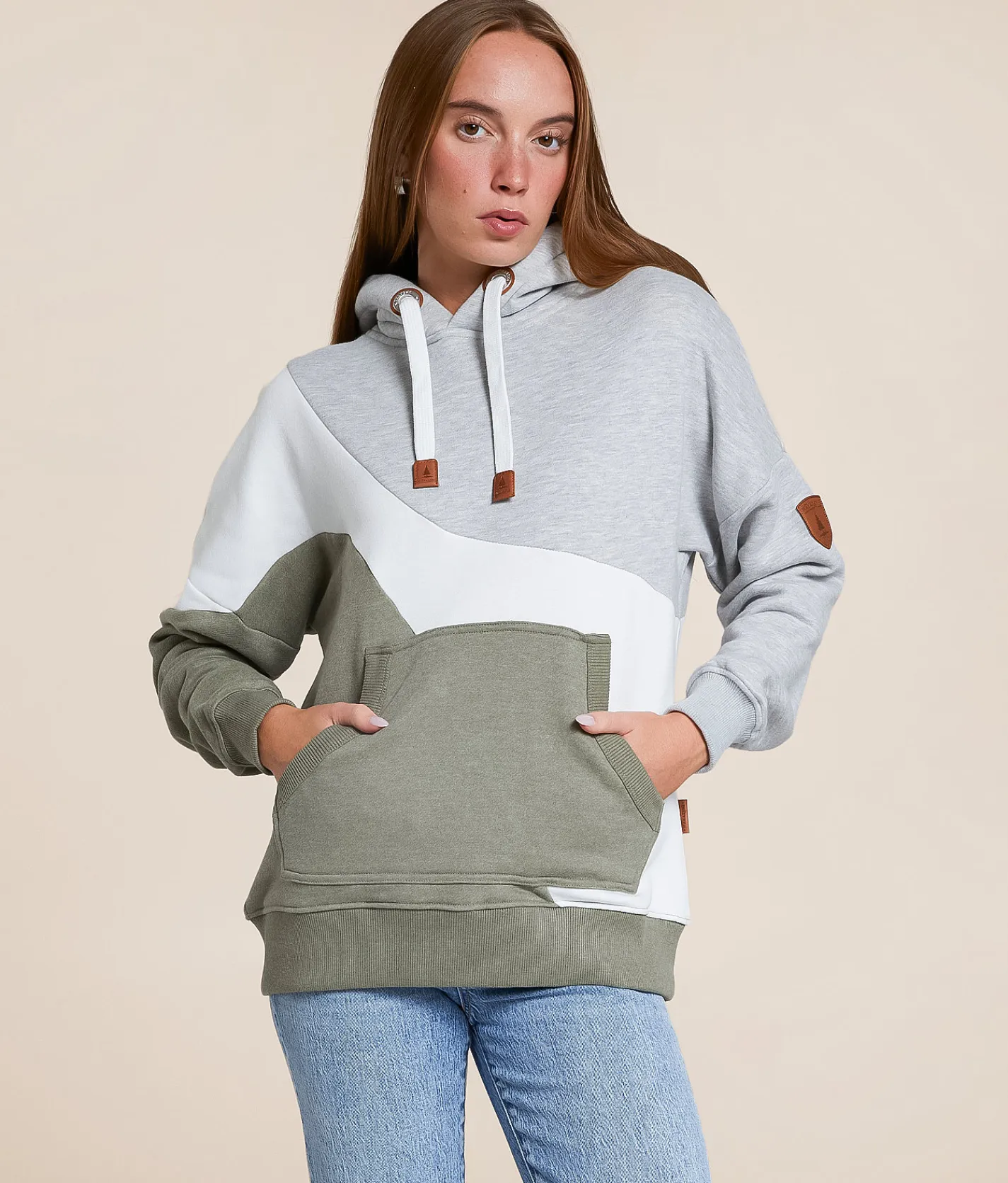 Wanakome Ariel Color Block Hooded Sweatshirt Light Heather Grey Mix Clearance