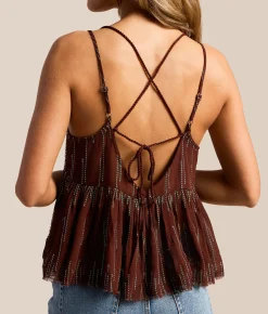 Free People Ariel Rhinestone Tank Top Warm Chocolate New