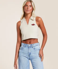 Gameday SOCIAL® Arkansas Collared Cropped Tank Top Oatmeal Hot