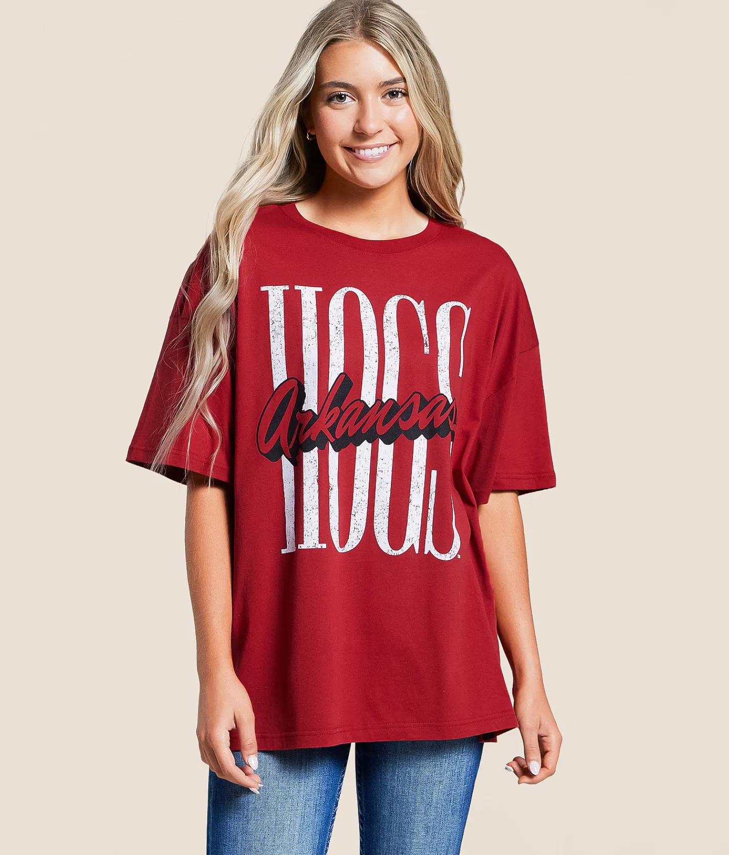 Tops | Gameday SOCIAL® Arkansas Hogs Oversized T-Shirt Crimson