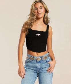 HYPE AND VICE Arkansas Razorbacks Corset Cropped Tank Top Black
