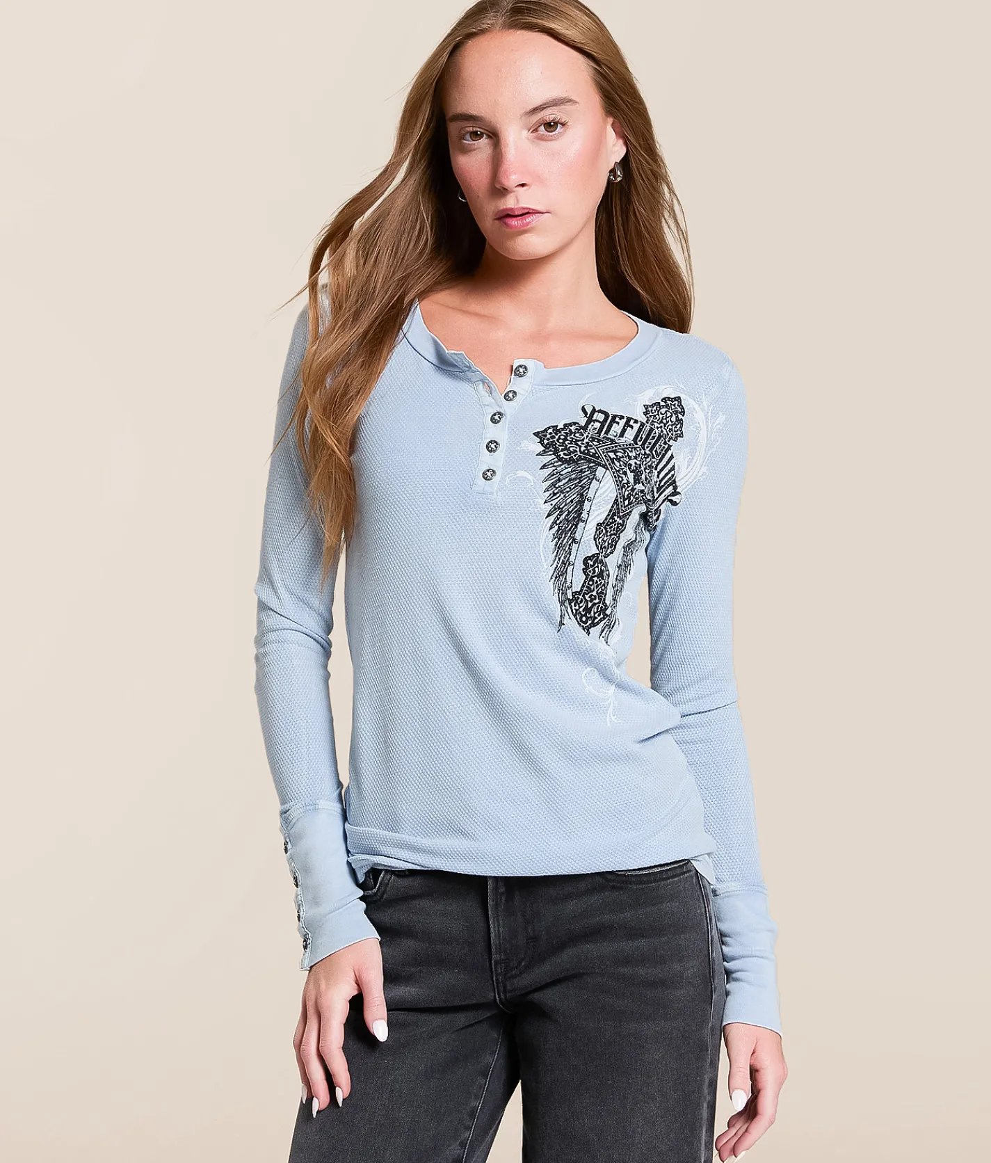 Tops | Affliction Artic Light Thermal Henley Ashley Blue Lava Wash