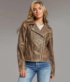 BKE Asymmetrical Faux Leather Moto Jacket Brown Discount