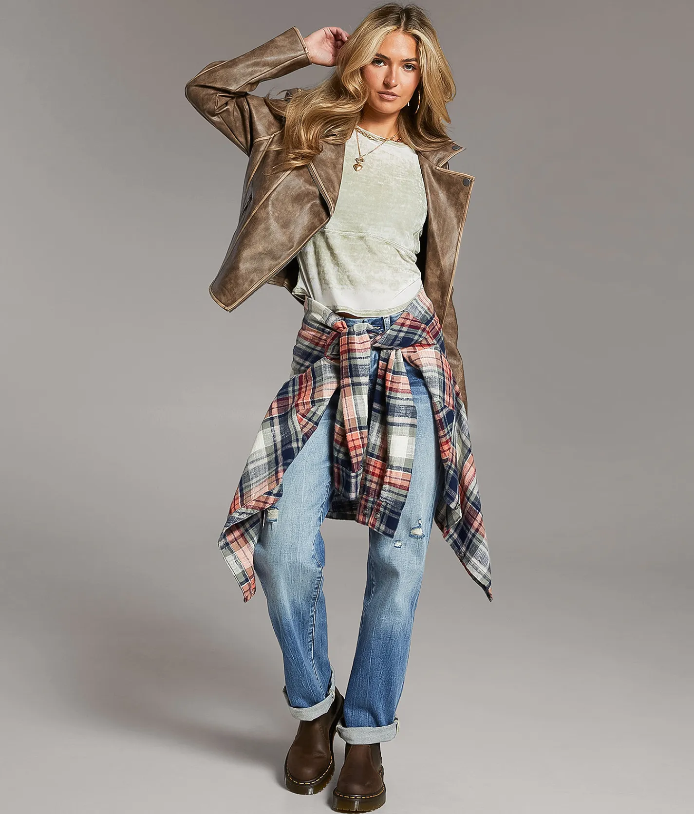 BKE Asymmetrical Faux Leather Moto Jacket Brown Discount