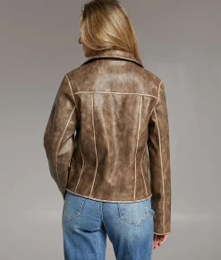BKE Asymmetrical Faux Leather Moto Jacket Brown Discount