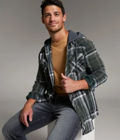 BKE Vintage Athletic Plaid Hooded Shirt Green Hot