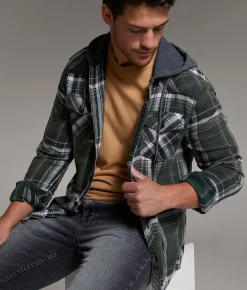 BKE Vintage Athletic Plaid Hooded Shirt Green Hot