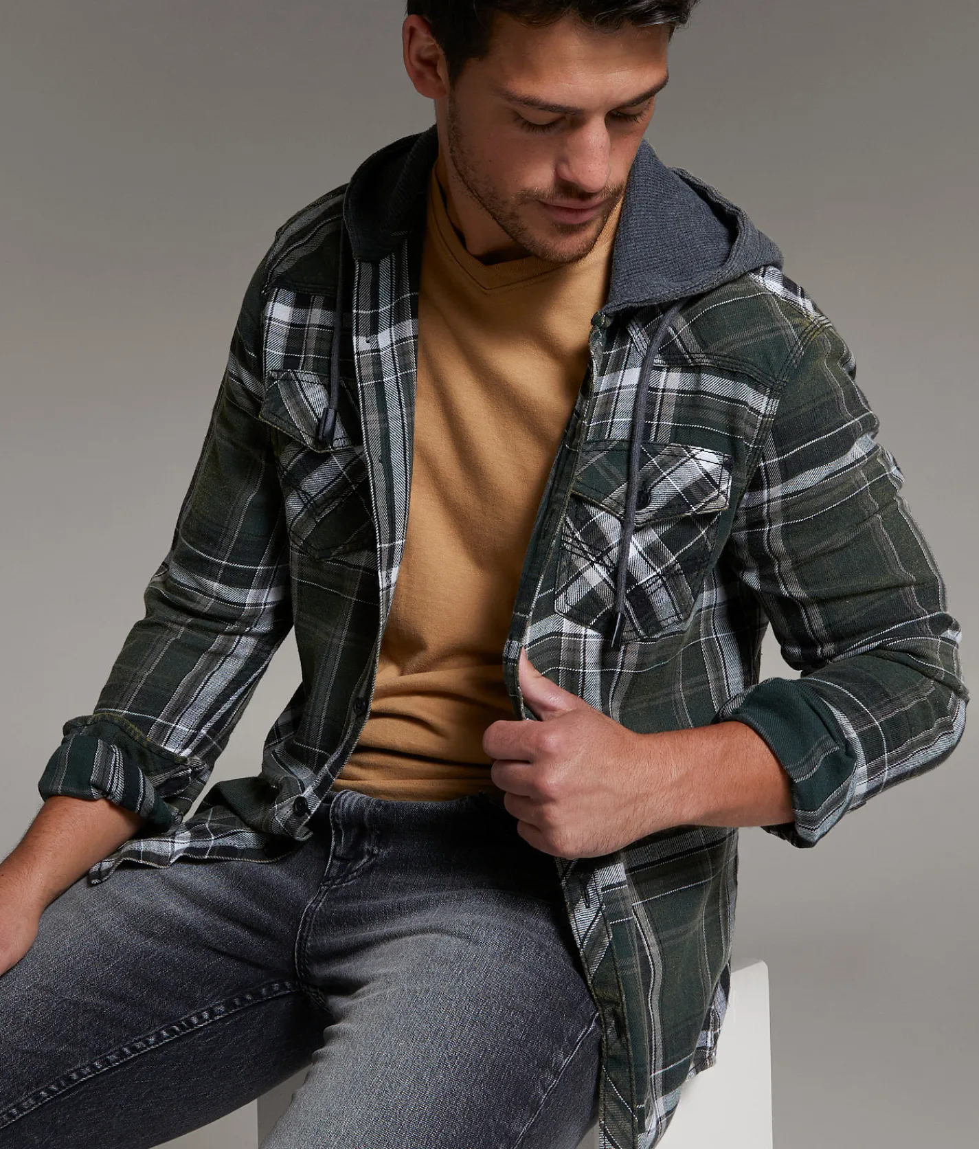 BKE Vintage Athletic Plaid Hooded Shirt Green Hot