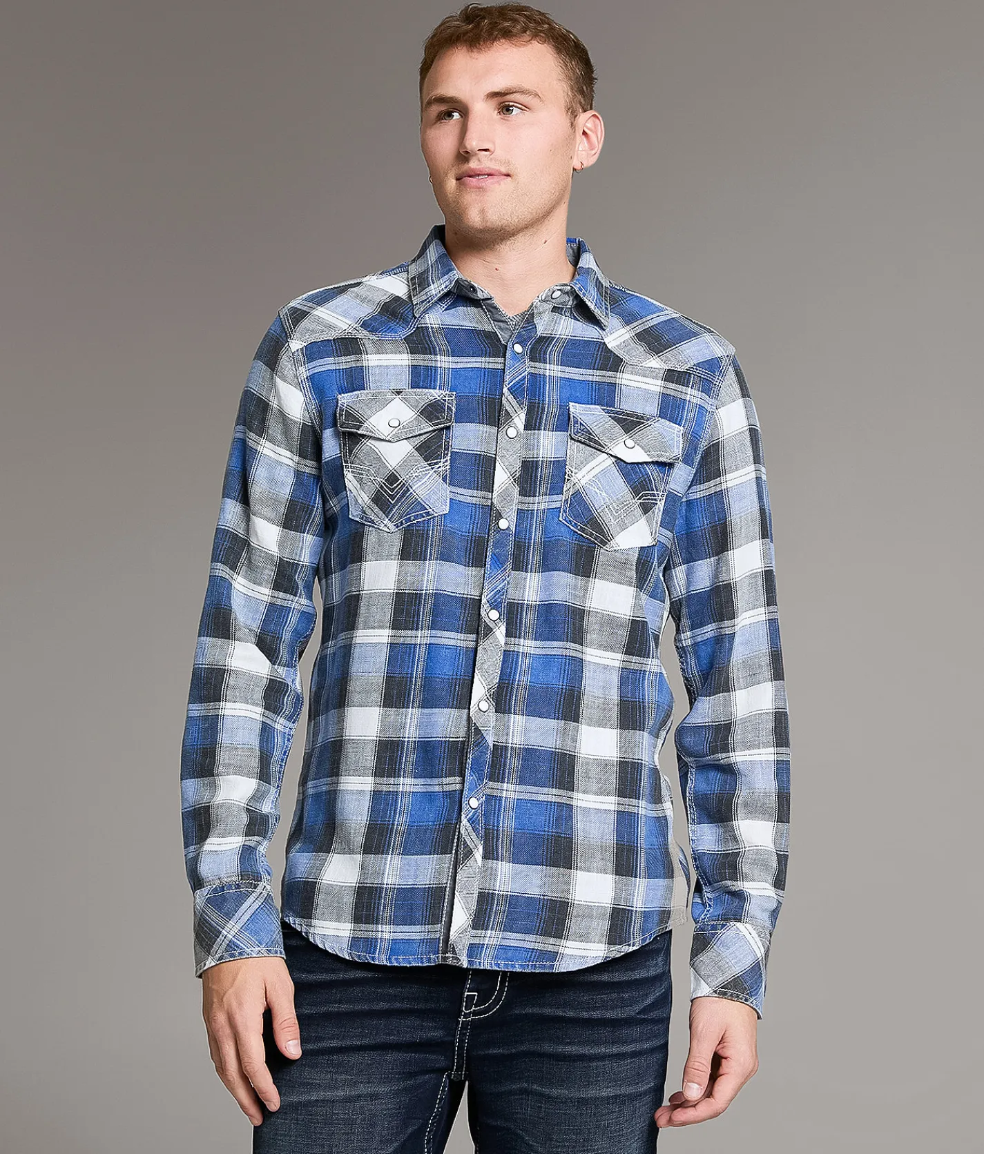 BKE Vintage Athletic Plaid Shirt White Black Blue Best