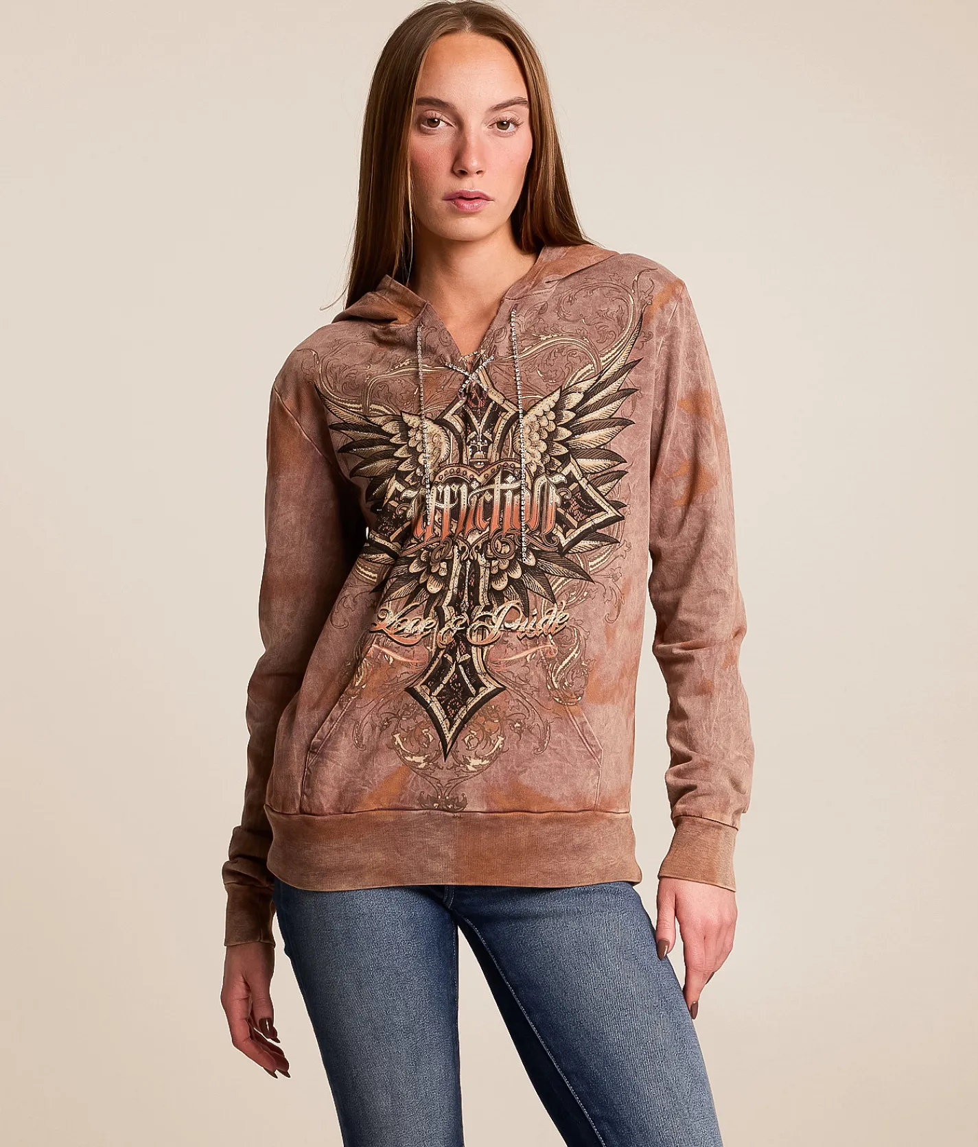 Affliction Ayelsbury Cottage Hooded Sweatshirt Burgundy Lava Tint Wash New