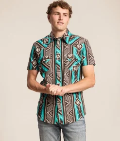 Tops | Rock & Roll Denim Aztec Print Stretch Shirt Teal