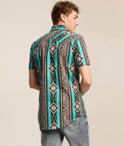 Tops | Rock & Roll Denim Aztec Print Stretch Shirt Teal