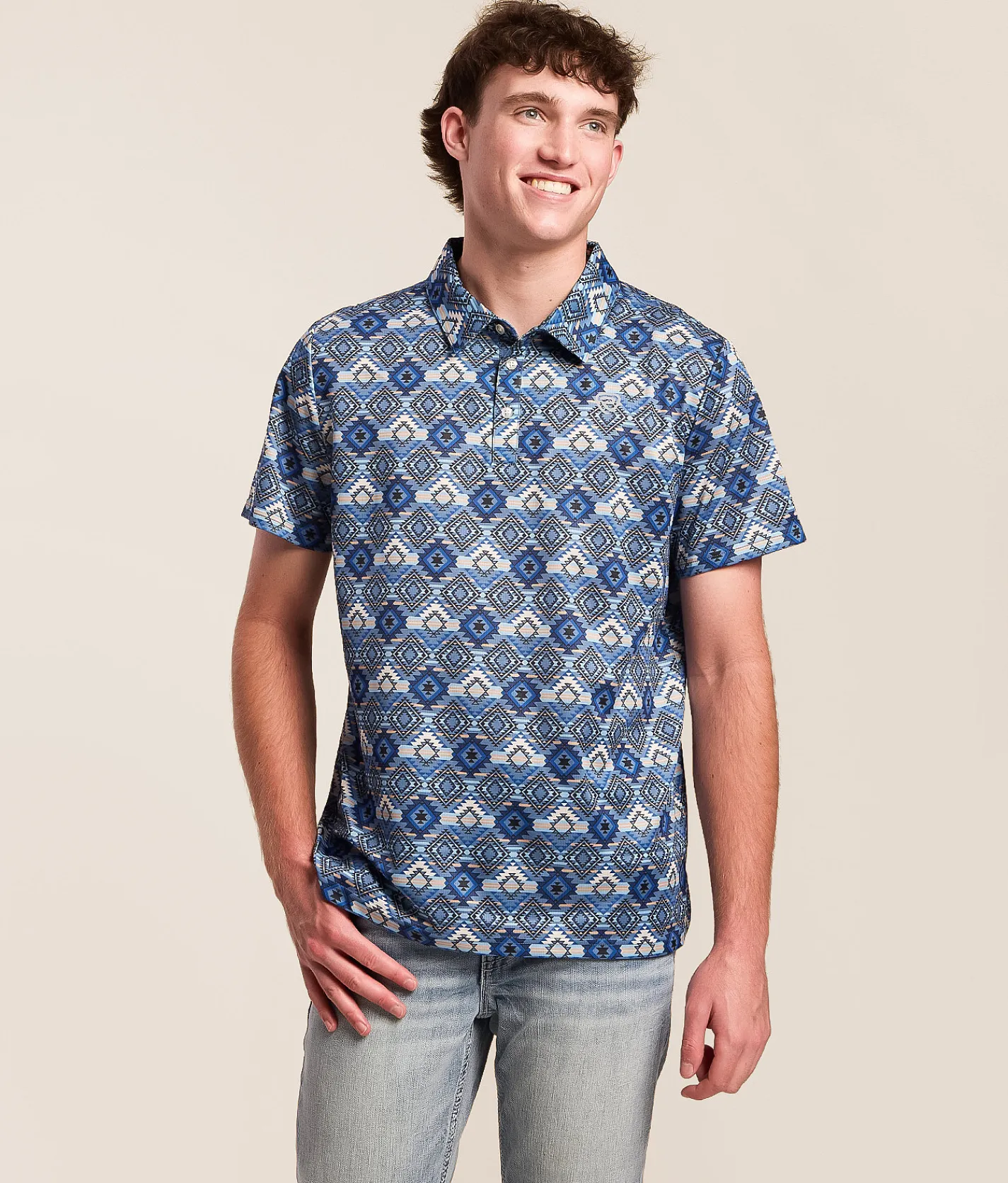 Hooey x Rock & Roll Denim Aztec Stretch Polo Blue Clearance