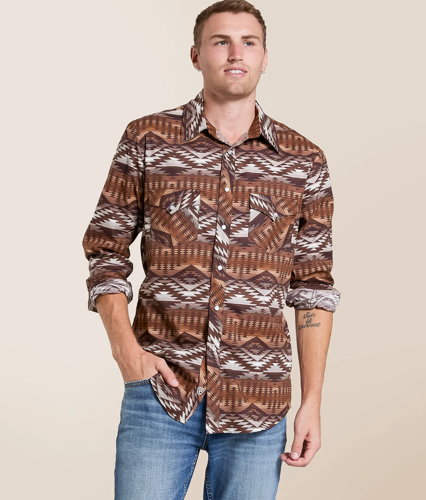 Rock & Roll Denim Aztec Stretch Shirt Brown Hot