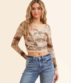 Tops | Willow & Root Back Lace-Up Mesh Cropped Top Brown Cream