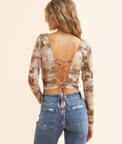 Tops | Willow & Root Back Lace-Up Mesh Cropped Top Brown Cream