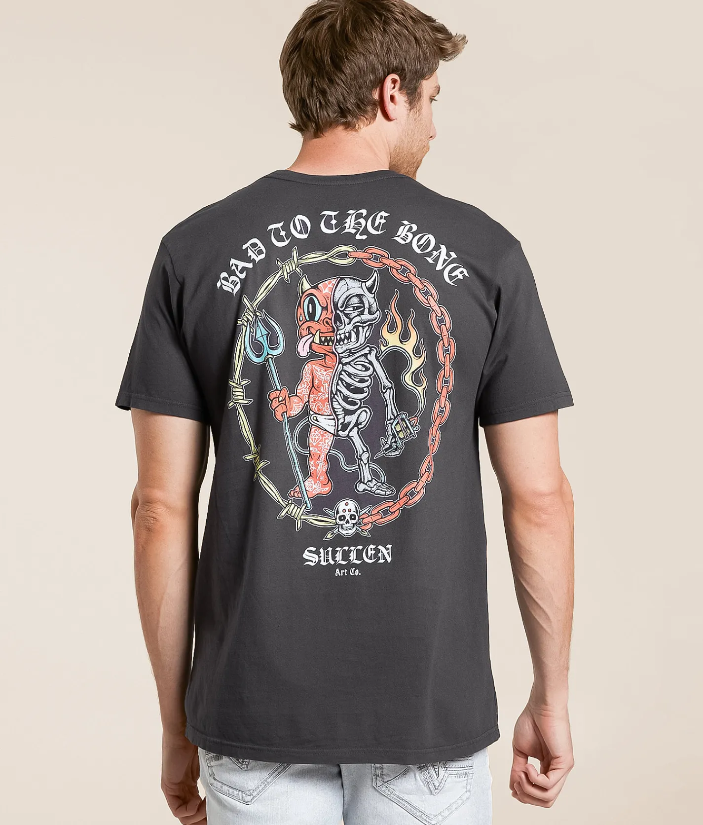 Tops|Graphic T-Shirts | Sullen Bad To The Bone T-Shirt Grey Pinstripe