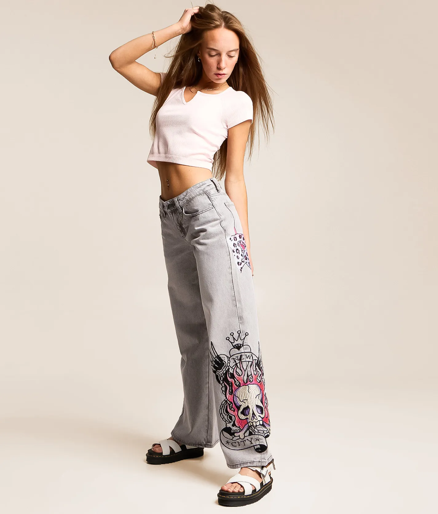 Ed Hardy Baggy Wide Leg Jean Light Grey Outlet