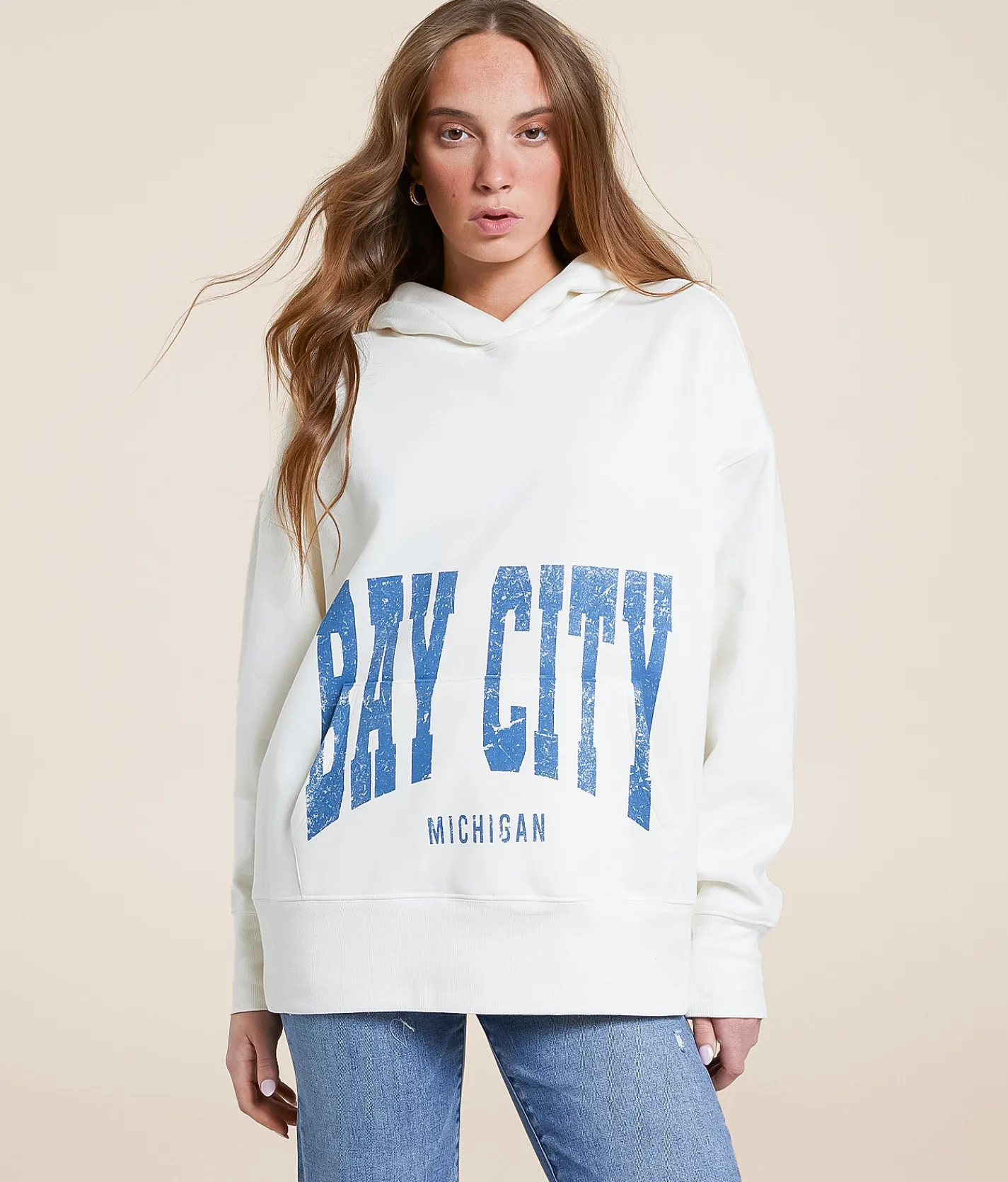 Modish Rebel Bay City Michigan Hooded Sweatshirt Marshmallow New