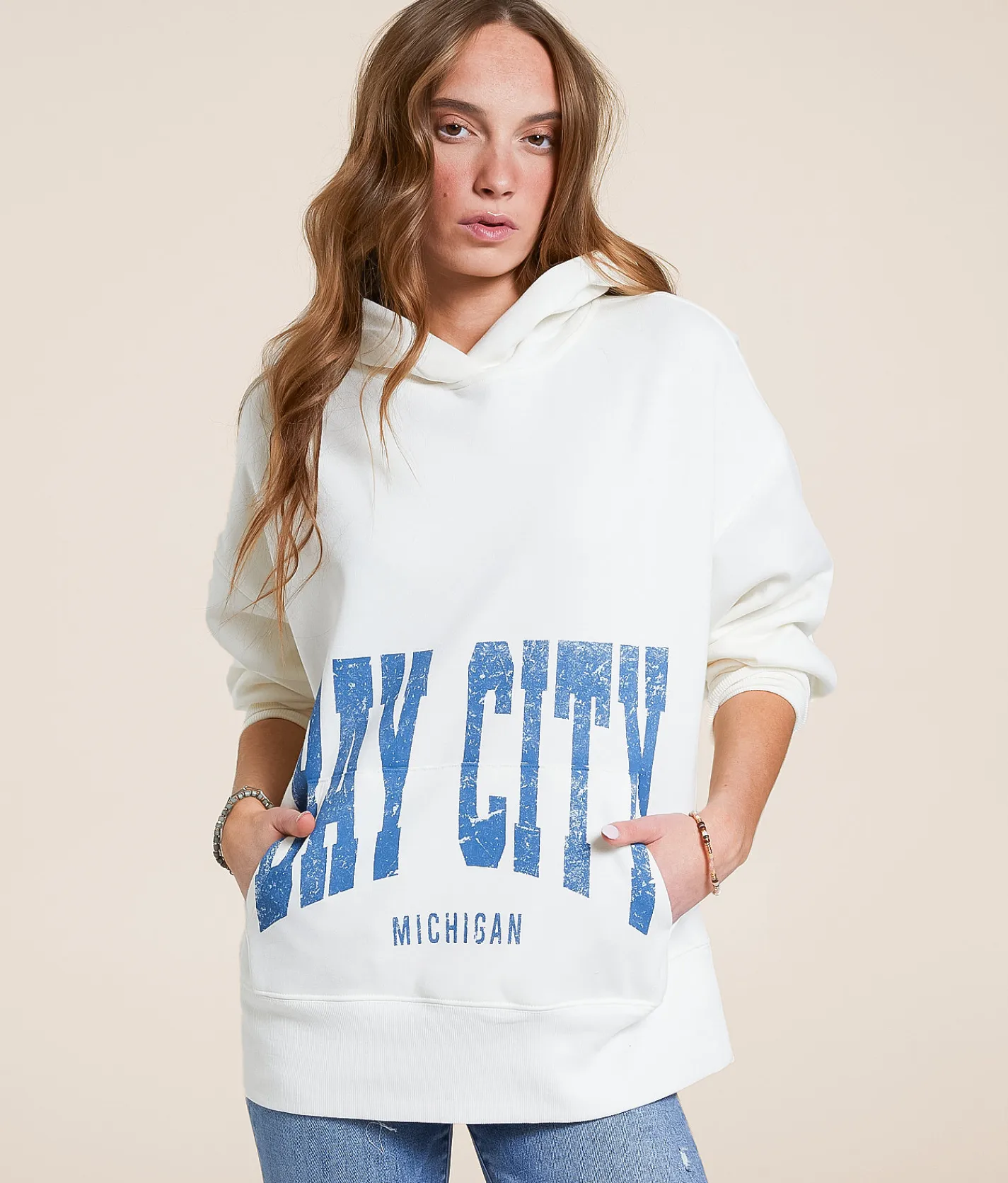 Modish Rebel Bay City Michigan Hooded Sweatshirt Marshmallow New