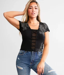 Sinful Beauty Lace-Up Cropped Top Maroon Heavy Soft Wash Online