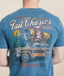Graphic T-Shirts | Tail Chasers Club Beer Hunting T-Shirt Ice Blue Pigment Dye