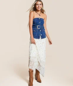 Blue B Belted Denim Stretch Tube Top Dark Wash Discount