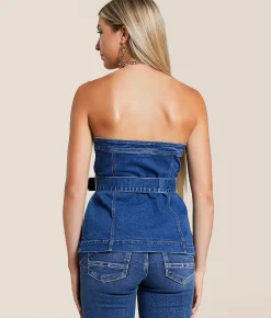 Blue B Belted Denim Stretch Tube Top Dark Wash Discount