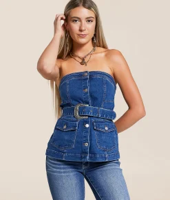 Blue B Belted Denim Stretch Tube Top Dark Wash Discount