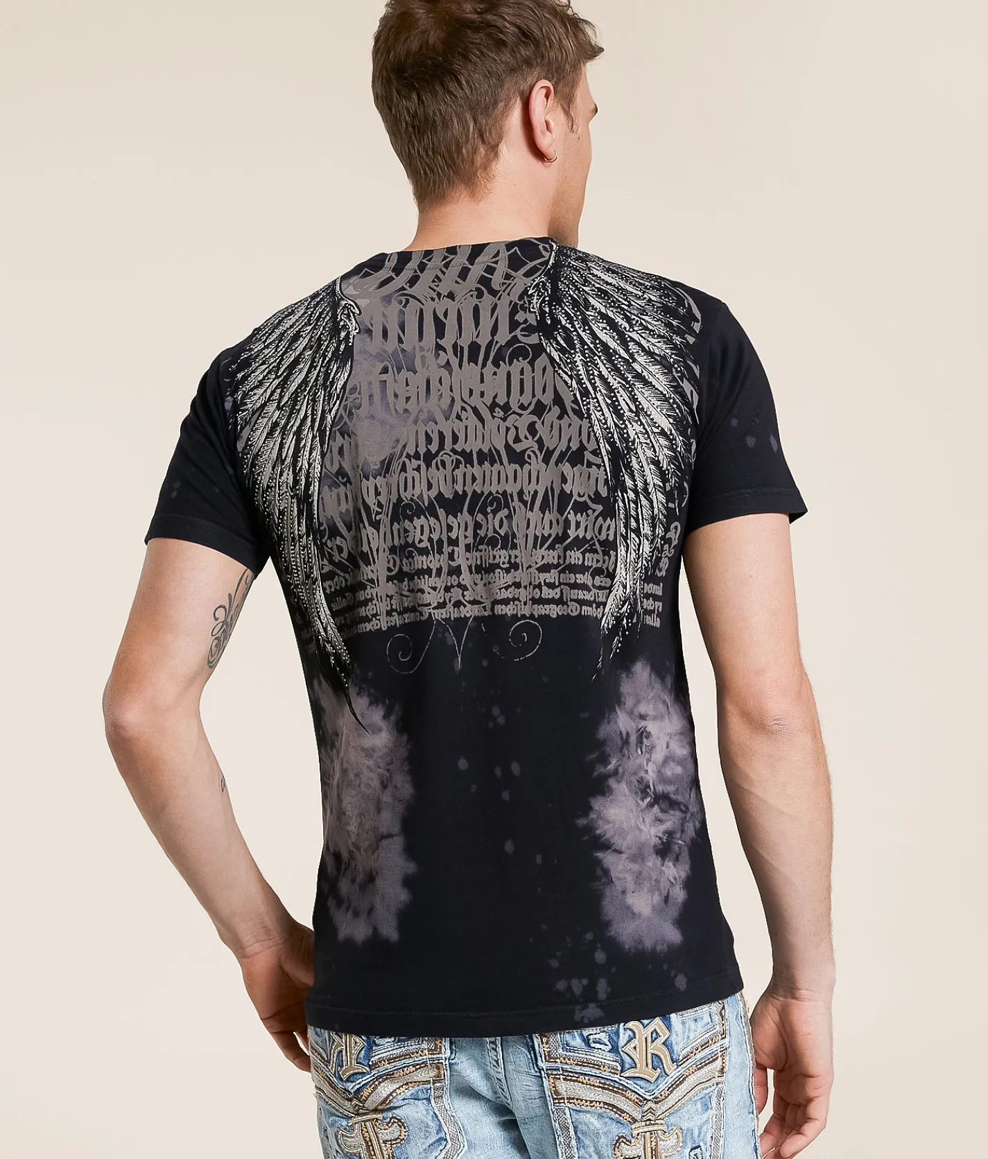 Affliction Birds Of Prey T-Shirt Black Bleach Wash Clearance