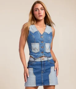 Wrangler® Blocked Western Denim Vest Blue Fever Hot