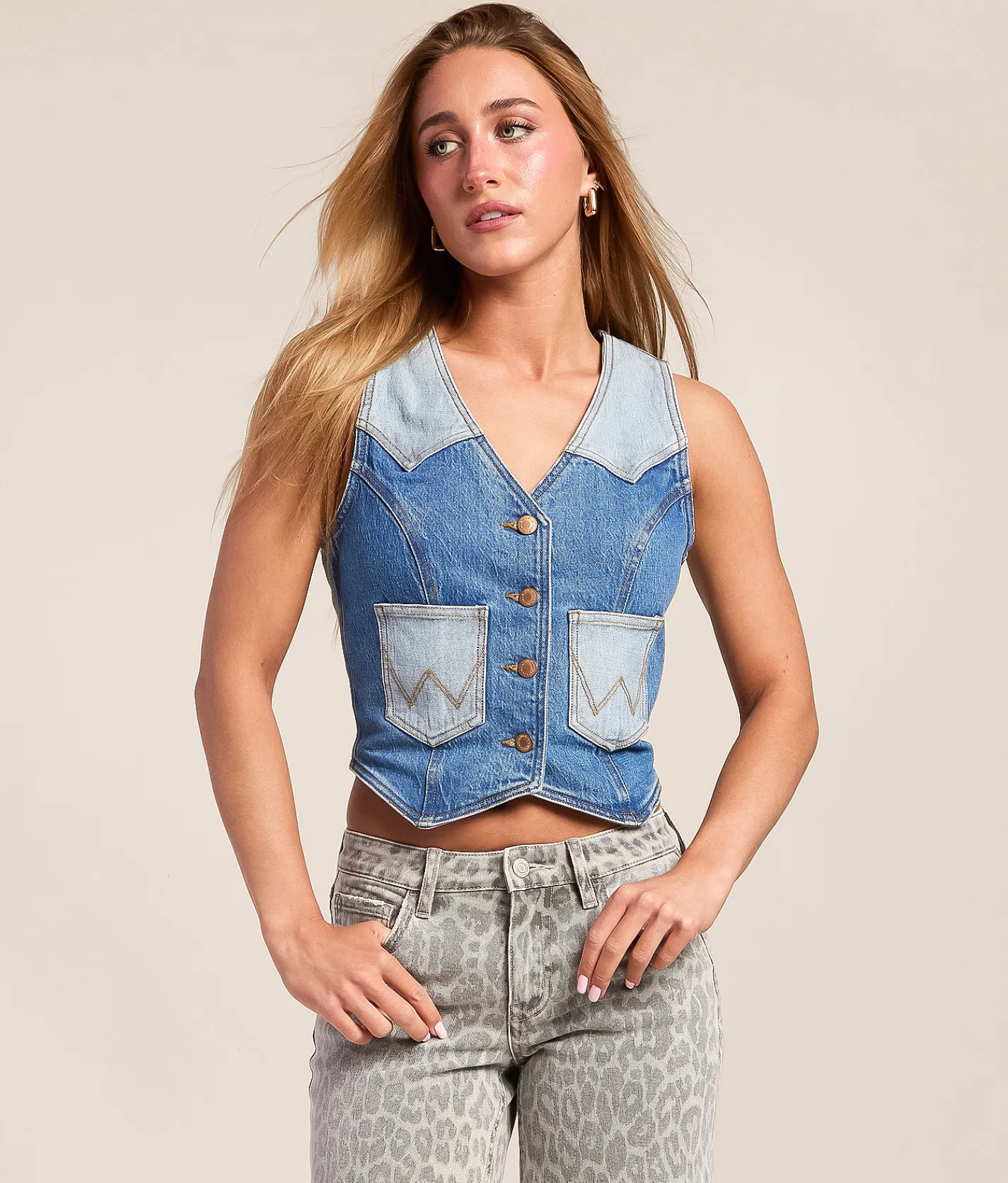 Wrangler® Blocked Western Denim Vest Blue Fever Hot