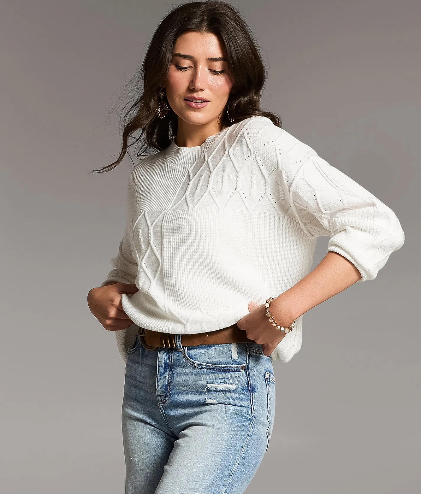 BKE Block Stitched Sweater White New