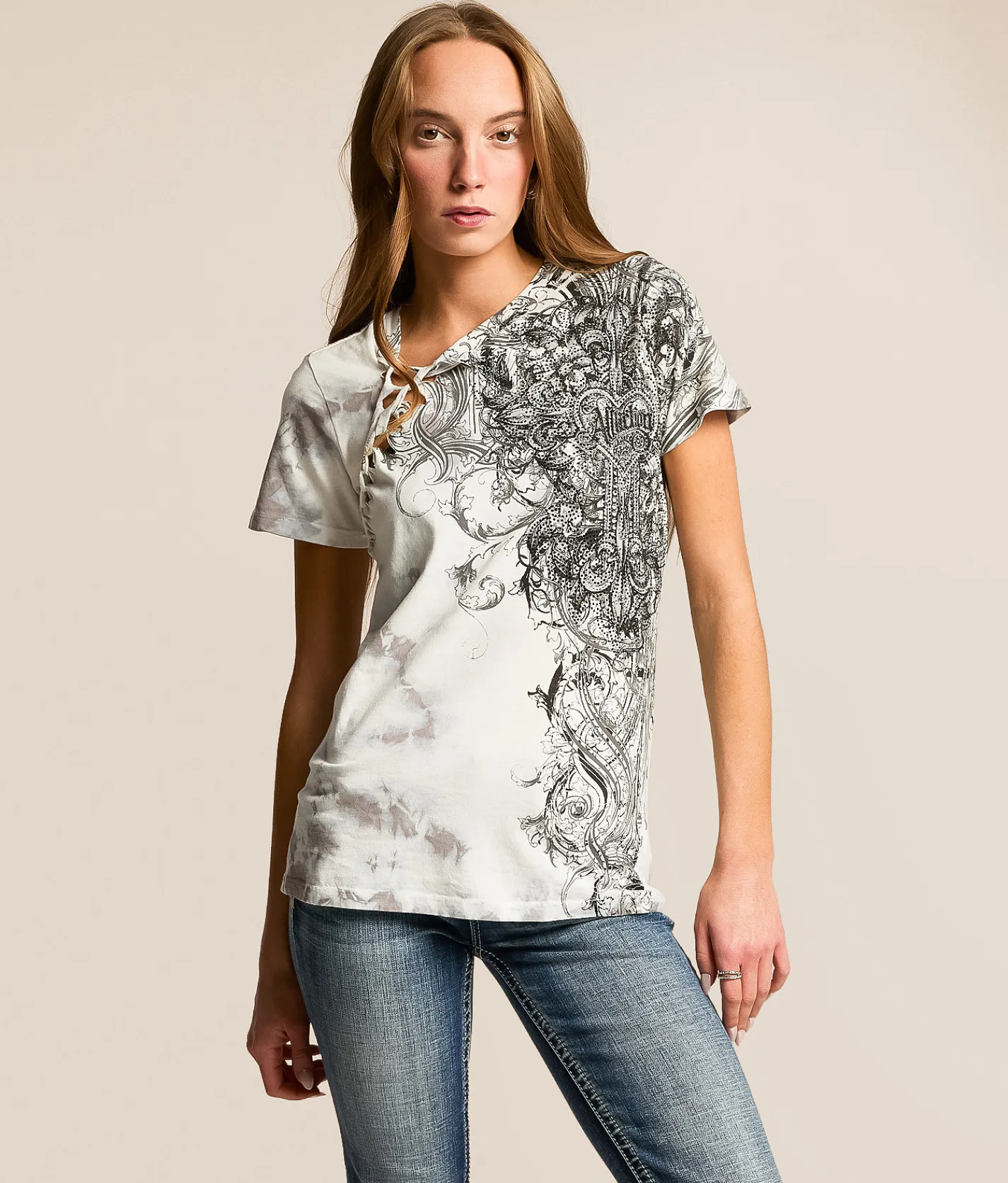 Tops | Affliction Blossom T-Shirt White Lt Grey Crystal Was